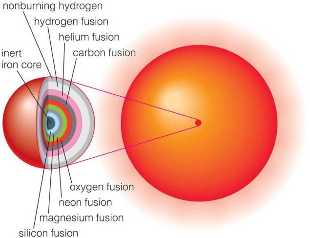 Diagram of star with multiple shells in its core with multiple fusion processes occurring in them